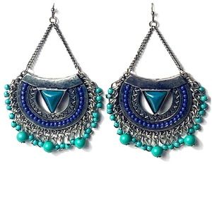 Silver Beaded Boho Long Earrings